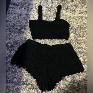 Black Crochet Crop Top and Shorts Set